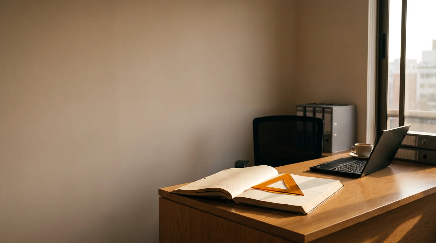 Un escritorio de estudio contable al terminar el día: el libro abierto con la escuadra ámbar encima.
