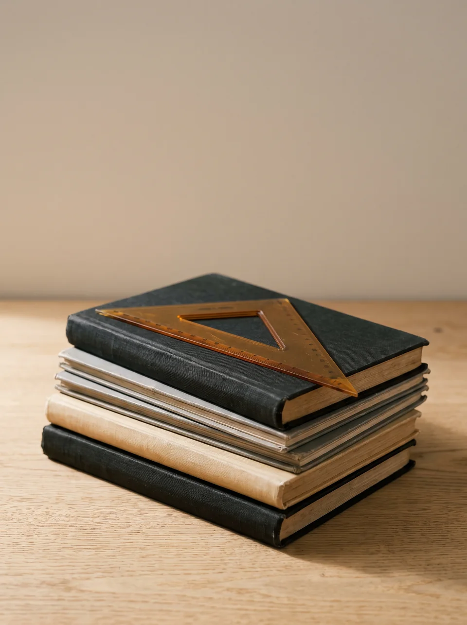 Una pila de libros contables con la escuadra ámbar encima.